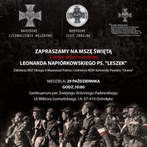 Uroczysta msza św. w 100. rocznicę urodzin Leonarda Napiórkowskiego &#8222;Leszka&#8221;