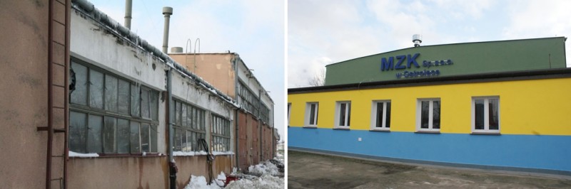 Po lewej budynek przed remontem, po prawej odnowiona siedziba MZK