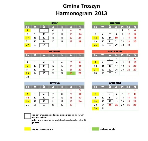 Harmonogram wywozu odpadów z terenu gminy Troszyn