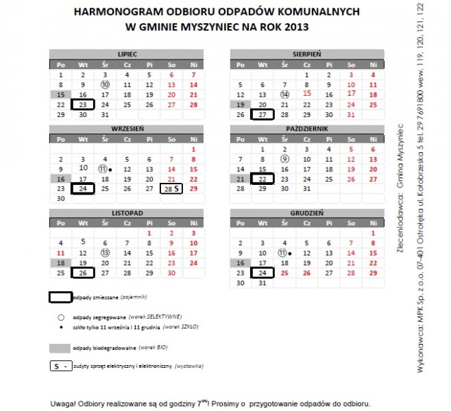 Harmonogram wywozu śmieci z terenu gminy Myszyniec