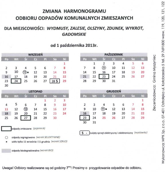 Zmiana harmonogramu wywozu odpadów z terenu gminy Myszyniec