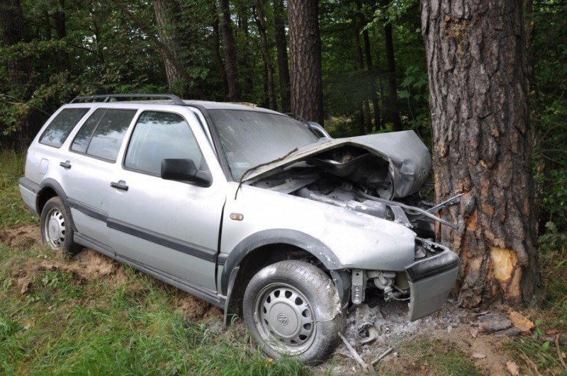 Kierowca volkswagena z nieustalonej przyczyny zjechał z drogi i uderzył w drzewo, fot. KPP w Wyszkowie