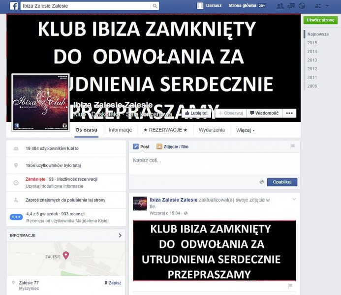 Screen skradzionego profilu Clubu Ibiza Zalesie