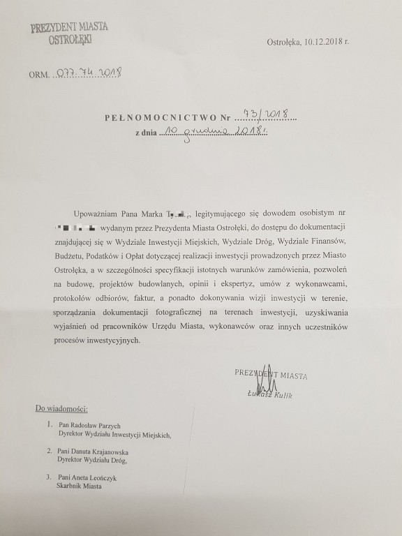 Pełnomocnictwo Marka T., podpisane przez prezydenta Kulika