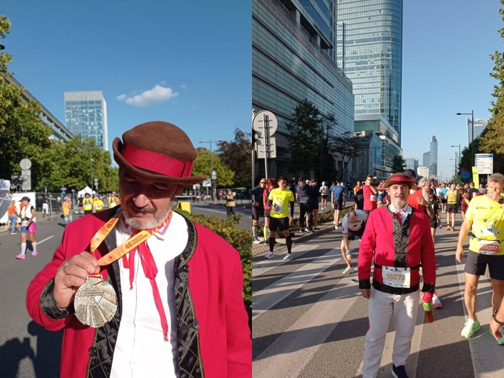 Przebiegł maraton... w stroju kurpiowskim! "Kochani, wytrzymałem i dotarłem do mety"