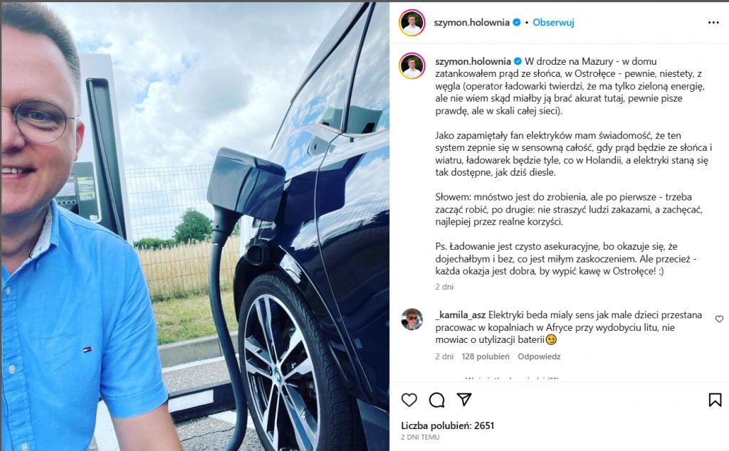 Hołownia jeździ autem elektrycznym