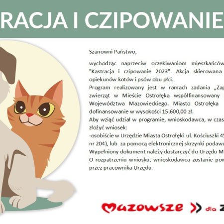 Miasto Ostrołęka rozszerzyło program "Kastracja i czipowanie 2023"