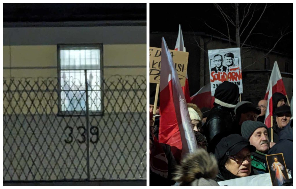 Maciej Wąsik w oknie celi, obserwujący manifestację (fot. eOstroleka.pl)