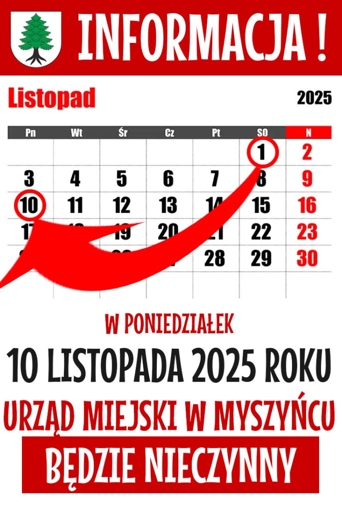 Odbiór dnia wolnego: Urząd Miejski w Myszyńcu nieczynny, zaplanuj wizytę.
