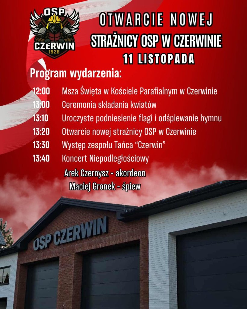 W Czerwinie podwójne święto! Otwarcie nowej strażnicy OSP połączone z obchodami 11 Listopada!