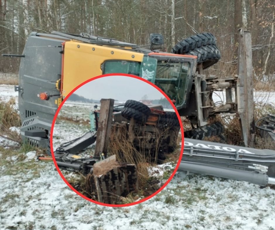 Pijany operator koparki wywrócił pojazd i uciekł do lasu. Incydent w gminie Łyse [ZDJĘCIA]