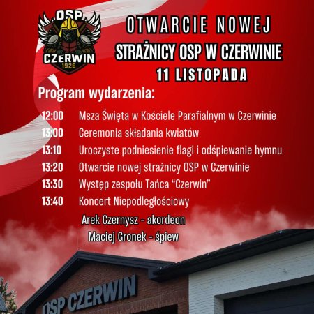 W Czerwinie podwójne święto! Otwarcie nowej strażnicy OSP połączone z obchodami 11 Listopada!