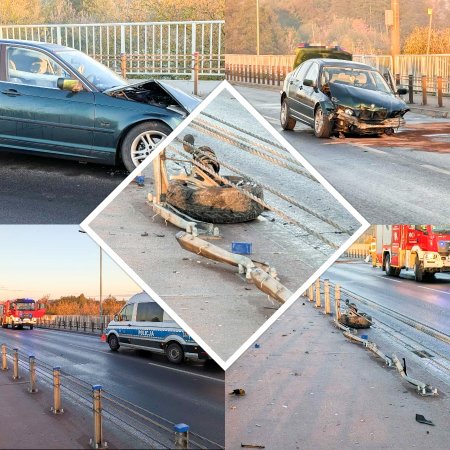 Rozbite BMW na moście. Urwane koło i uszkodzona barierka [ZDJĘCIA]
