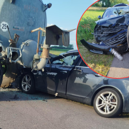 Osobowy opel i ciągnik z beczkowozem. Groźne zderzenie na lokalnej drodze [ZDJĘCIA]