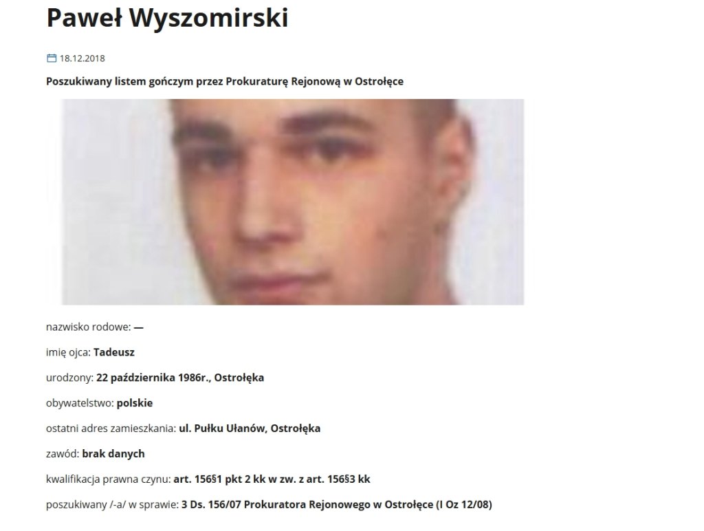 Informacja o poszukiwaniach na stronie prokuratury