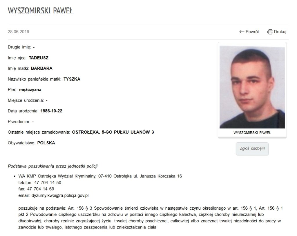 Informacja o poszukiwaniach na stronie policji
