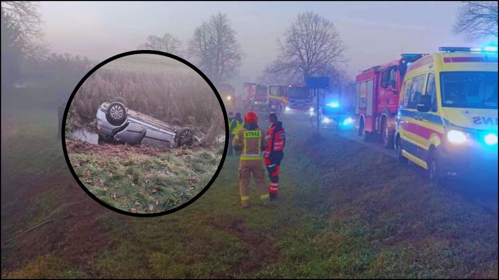 Groźny wypadek o poranku. Auto na dachu w wodzie! [ZDJĘCIA]