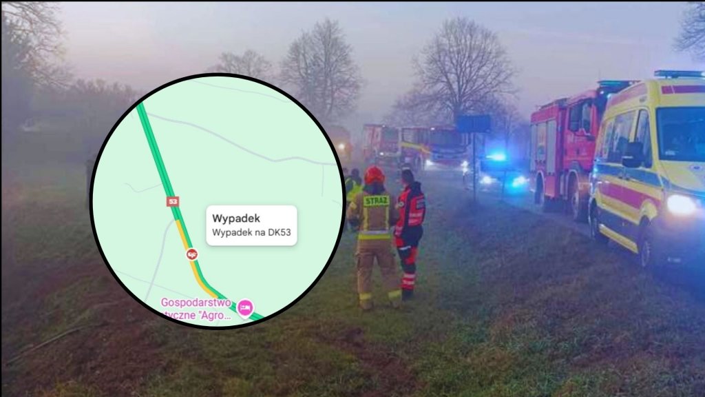 Wypadek na DK53 między Ostrołęką a Myszyńcem. Dachowanie samochodu, są utrudnienia!