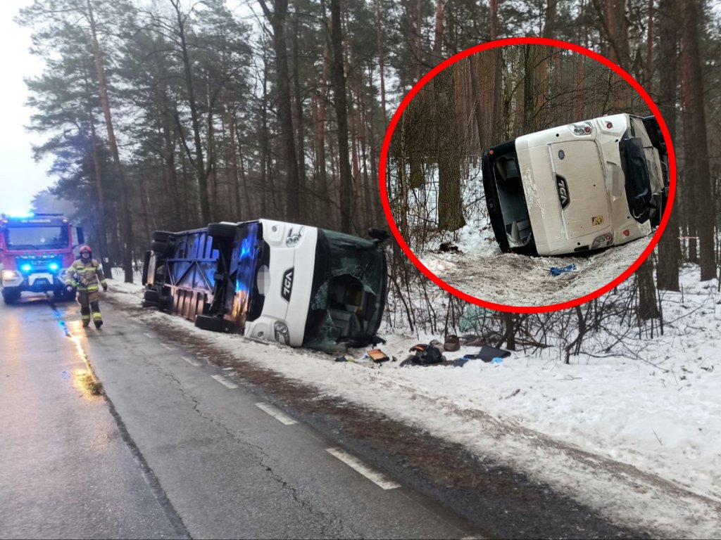 Wypadek! Autobus uderzył w drzewa i przewrócił się. 19 osób rannych [ZDJĘCIA]