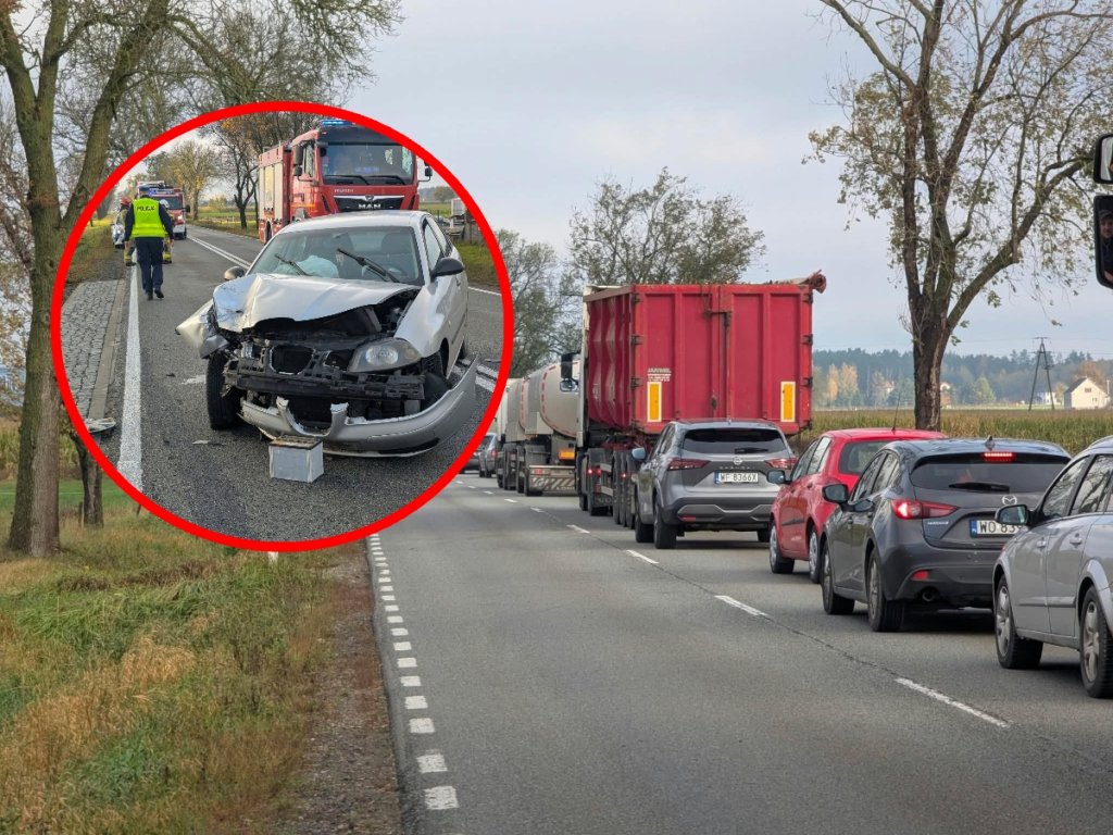 Wypadek w Dylewie! Zderzenie osobówki z busem i wielki korek na trasie krajowej [ZDJĘCIA]