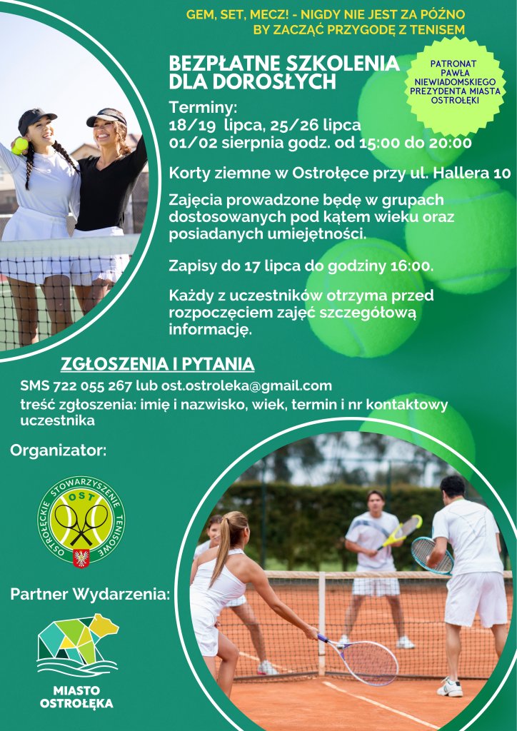Bez względu na wiek – czas na tenis! Bezpłatne szkolenia dla dorosłych w Ostrołęce