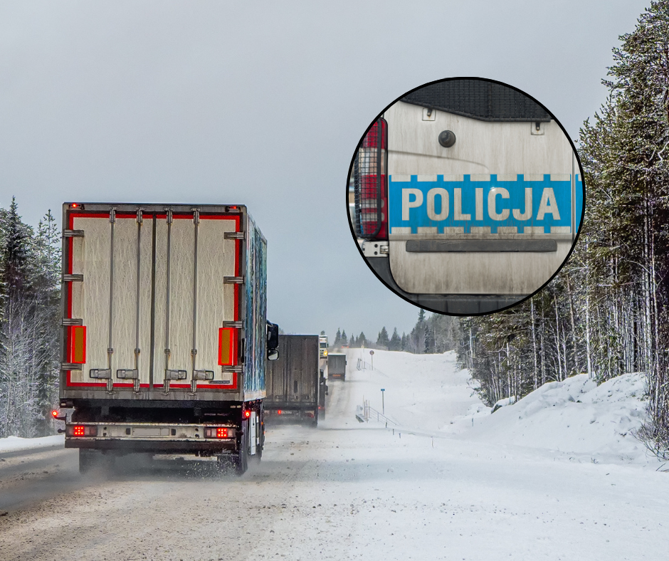 Ciężarówka na poboczu, zamarznięte szyby. Nocna interwencja policji