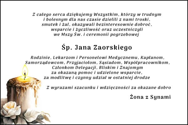 Podziękowania za udział w ostatnim pożegnaniu Śp. Jana Zaorskiego