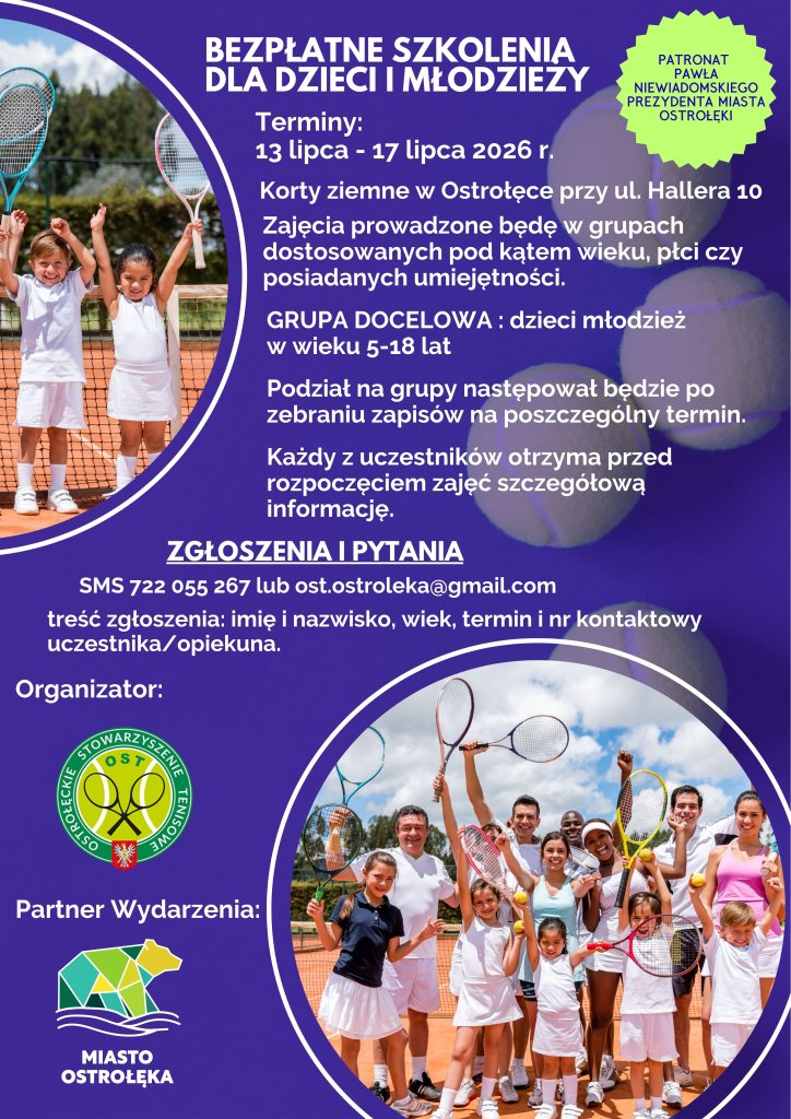 Bezpłatne wakacyjne szkolenia tenisowe dla dzieci i młodzieży w Ostrołęce