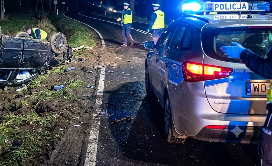 Troszyn: 17-latek bez prawa jazdy dachował Passatem. Dwie osoby w szpitalu