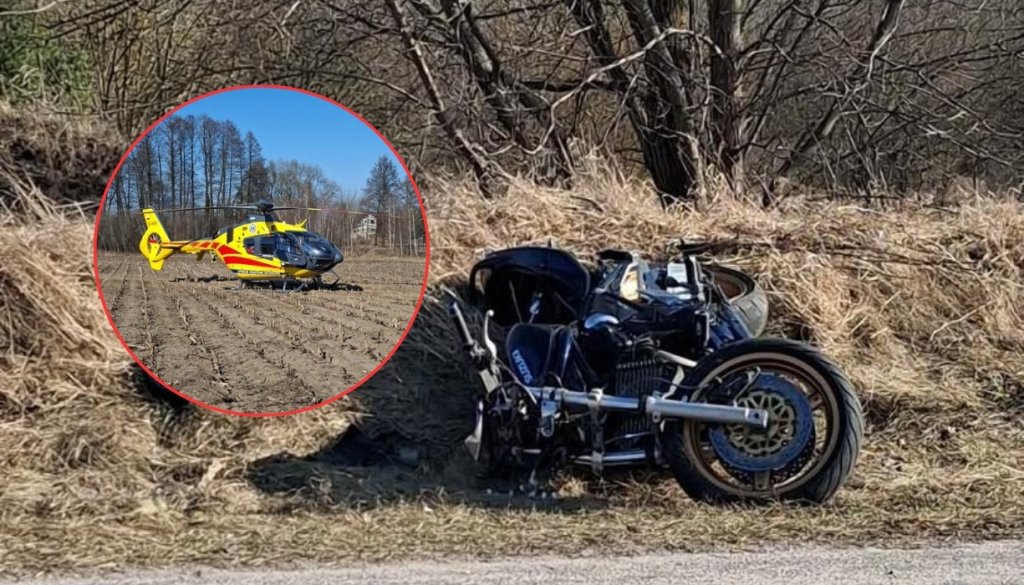 Dramatyczny wypadek motocyklisty. W akcji ratunkowej śmigłowiec LPR [ZDJĘCIA]