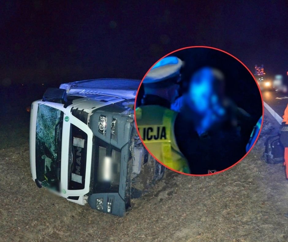 Ciężarówka w rowie, telefon w ręku i 2,5 promila. To cud, iż nikt nie zginął!