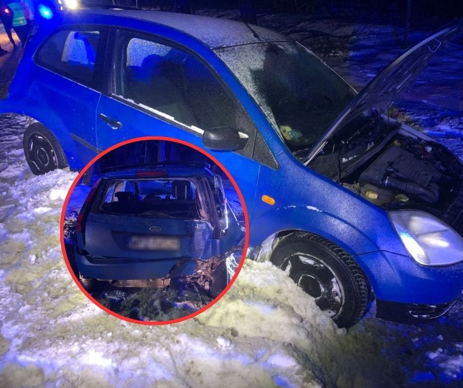 Młodzi ludzie w rozbitym fordzie. 20-letni kierowca stracił panowanie nad autem [ZDJĘCIA]