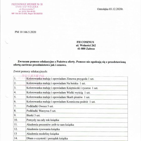 Potwierdzenie zwrotu materiałów dydaktycznych do firmy Cosinus