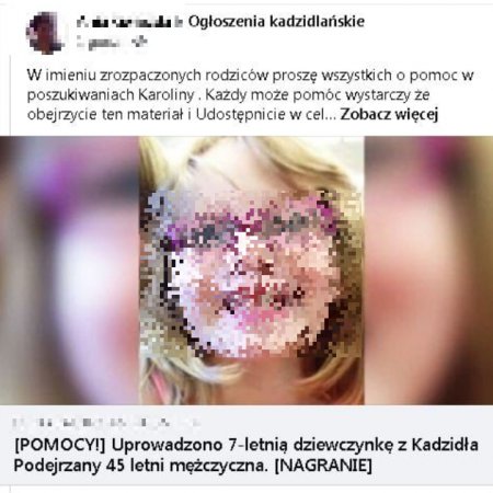 Kolejny fakenews z lokalnym wątkiem. Chodzi o porwanie 7-letniej dziewczynki z Kadzidła