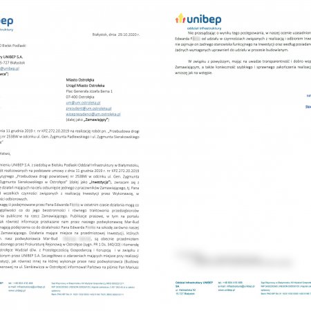 Pismo firmy Unibep do Urzędu Miasta